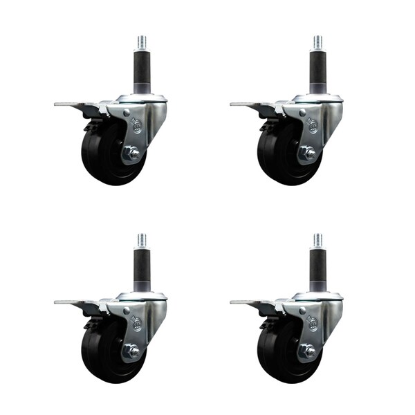 3'' Hard Rubber Swivel 1'' Expanding Stem Caster Set Total Lock Brake, 4PK
